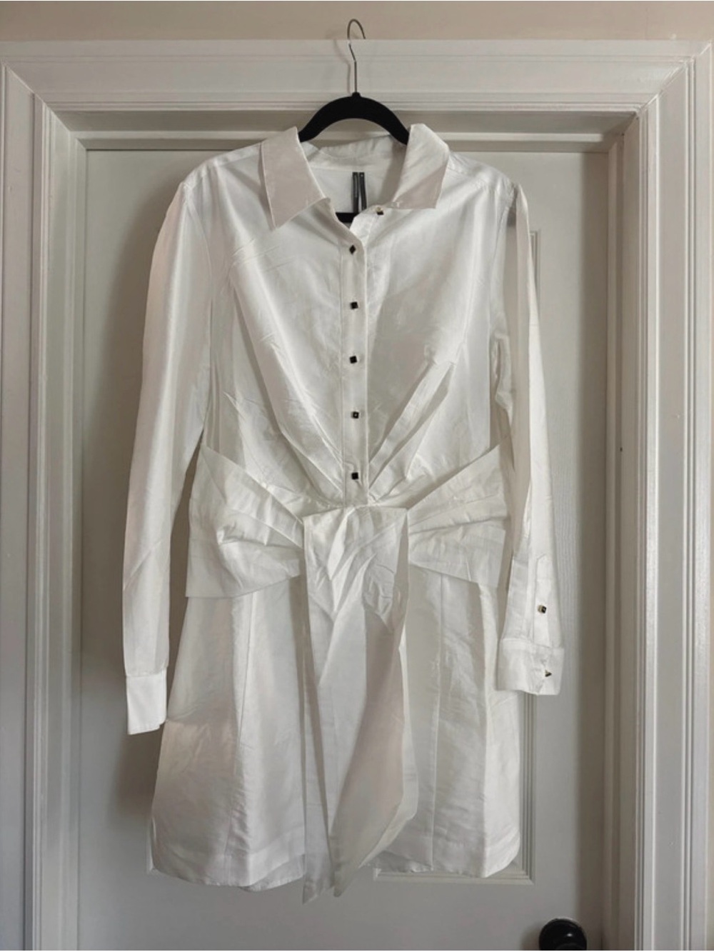 By Anthropologie Long Sleeve Tie-Front Mini Shirt Dress in Vanilla